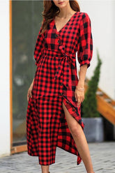 Vintage Kariertes Wickelkleid mit Knoten